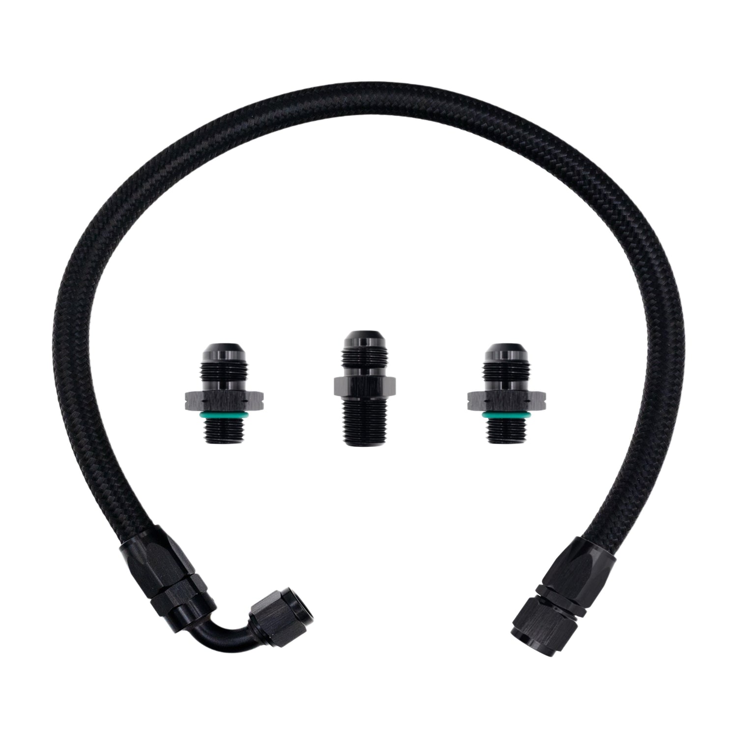 FSD 2003+ 2nd Gen Swap Turbo Feed Line Manifold Flipped Up Black Braided