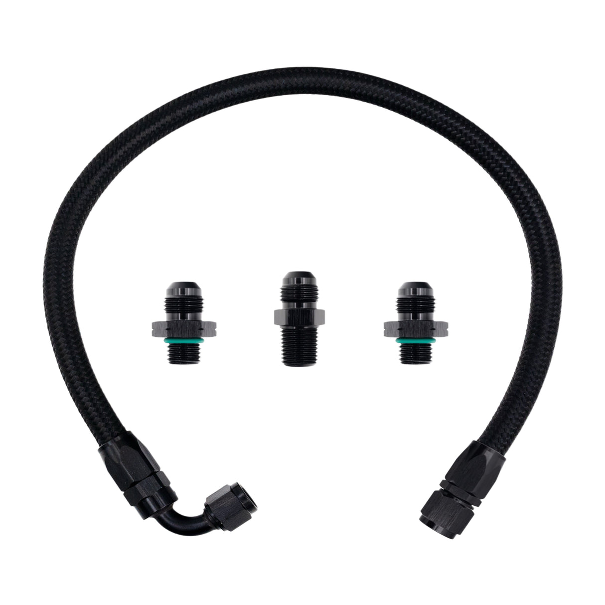 FSD 2003+ 2nd Gen Swap Turbo Feed Line Manifold Flipped Up Black Braided