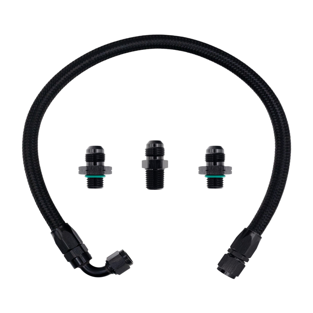 FSD 2003+ 2nd Gen Swap Turbo Feed Line Manifold Flipped Up Black Braided